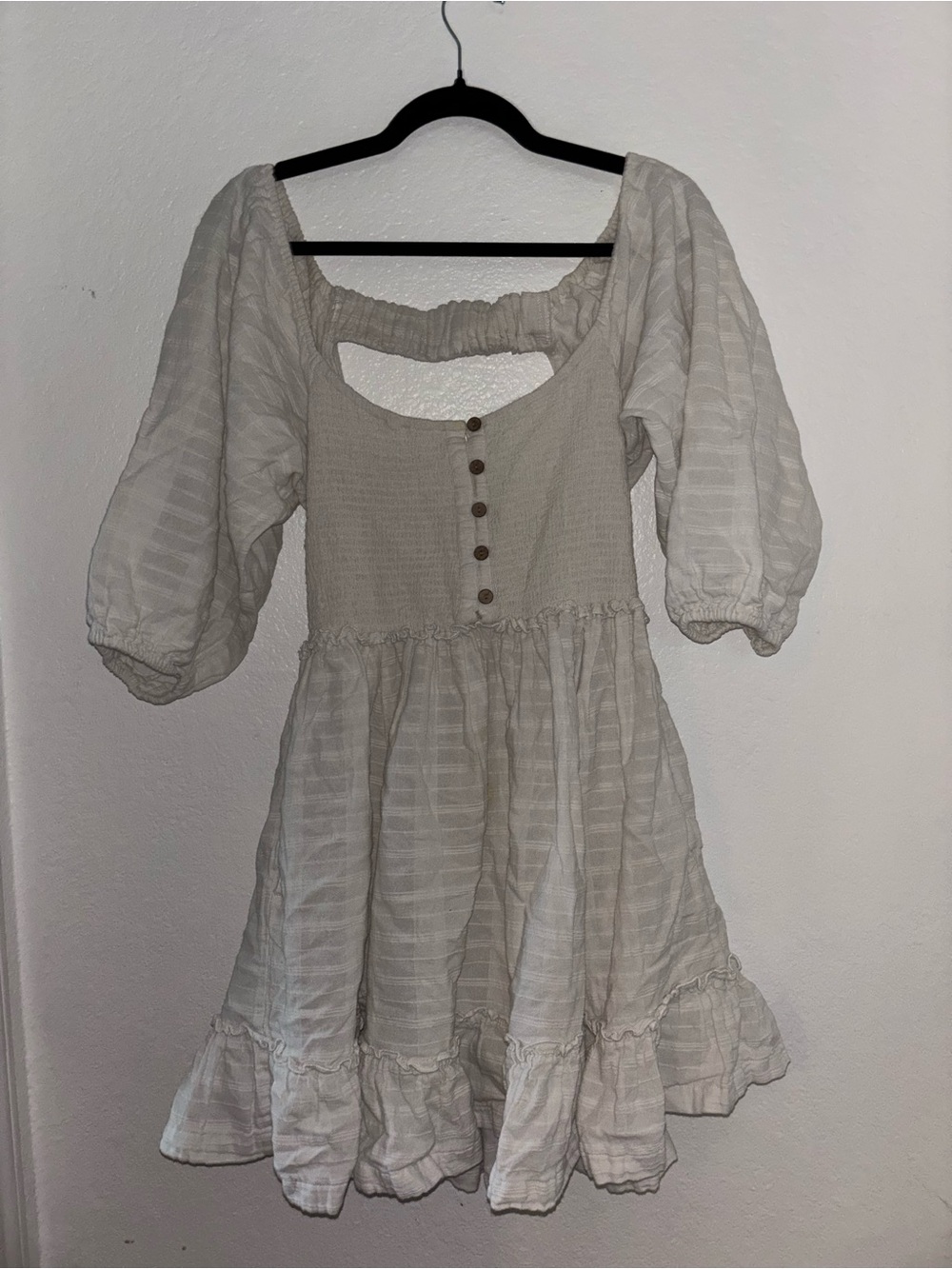 Free People Ruched Top Button Up White Peasant Dress